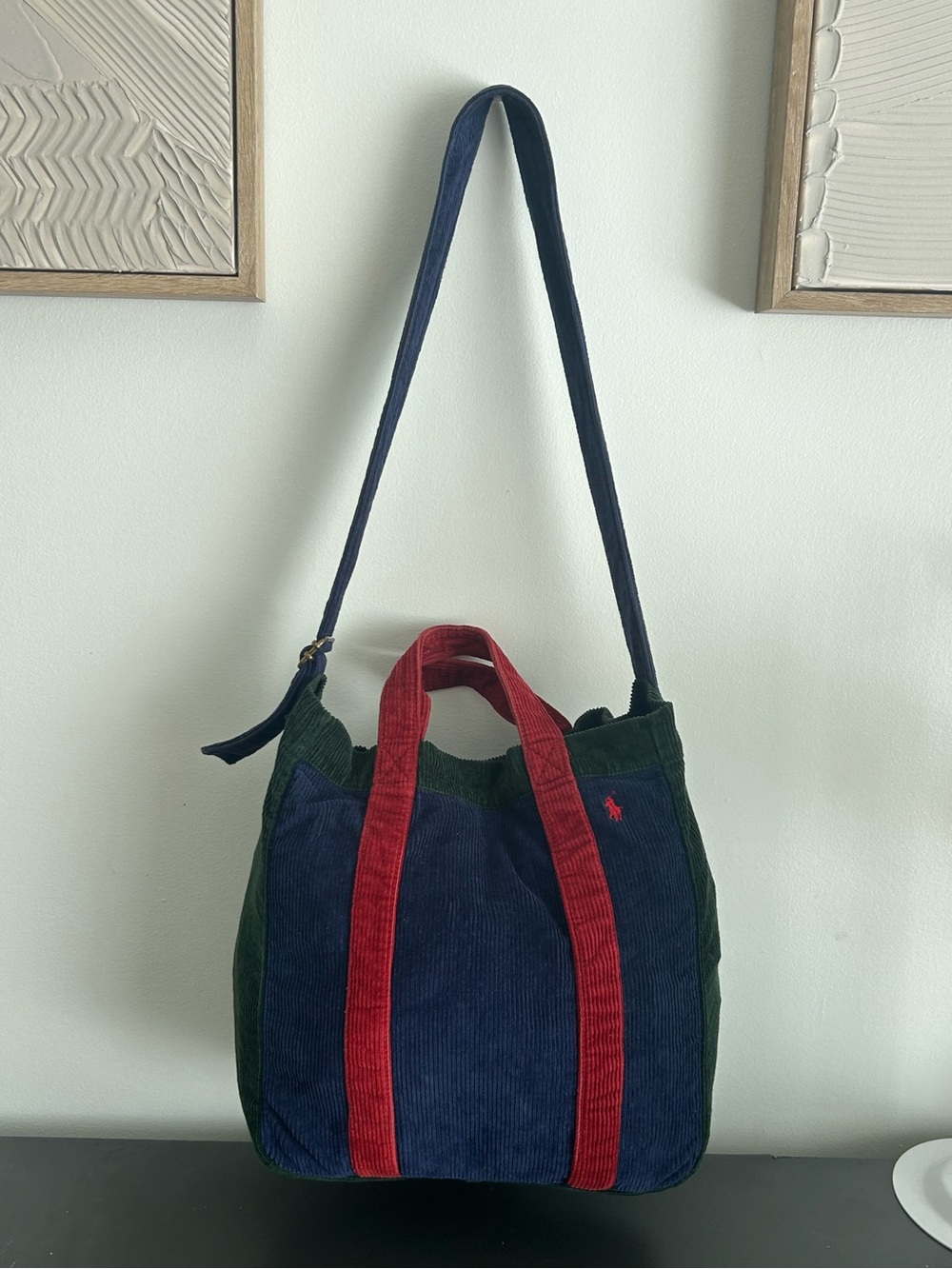 Polo Ralph Lauren Colorblock Corduroy Tote Crossbody bookbag Navy Green Red Tote - Picture 4 of 11